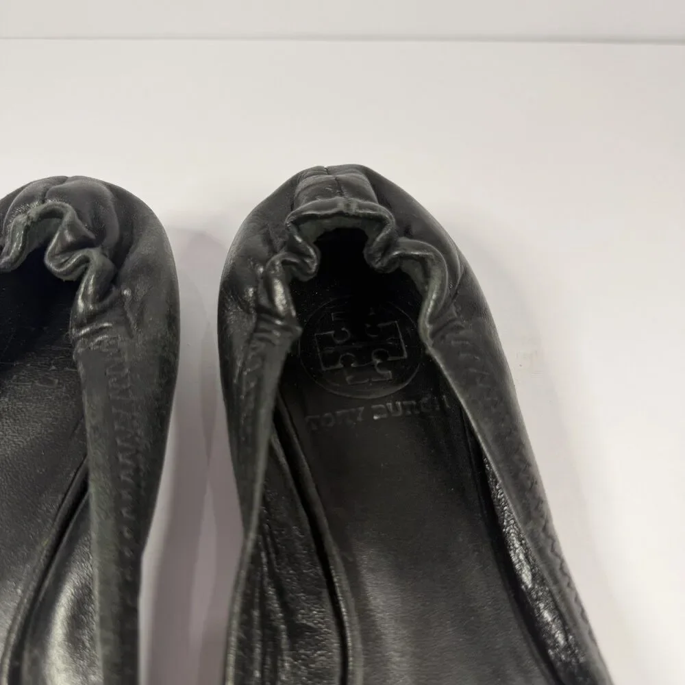 Tory Burch Leather Reva Ballet Flats Shoes Women 6.5 Black Gold Logo